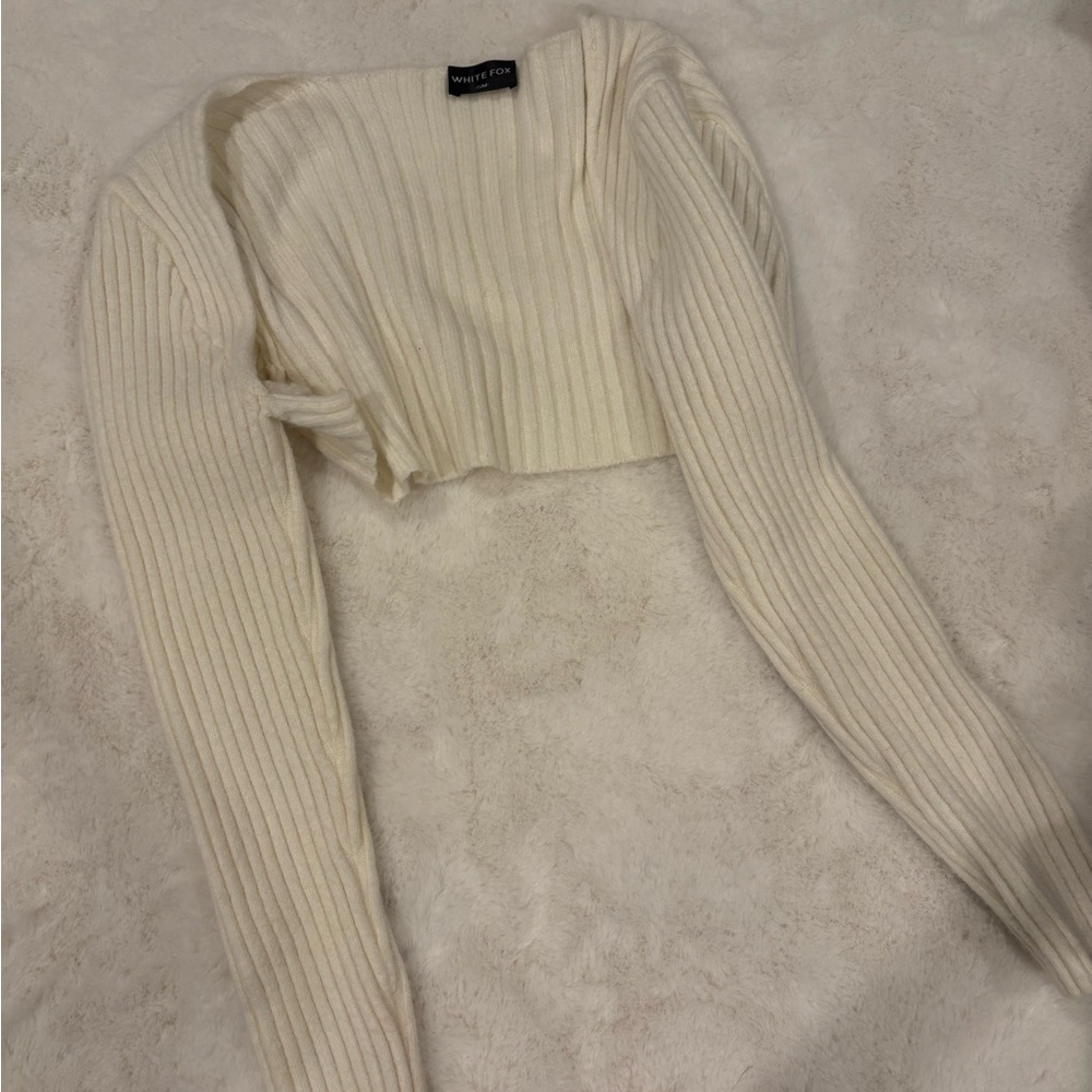 White Fox Boutique Cream Ribbed Cropped Cardigan